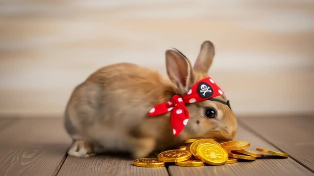 Adorable Pirate Bunny with Gold Coins - A cute brown bunny rabbit wearing a red and white pirate bandana and eye patch sits on a wooden surface next to a pile of shiny gold coins.