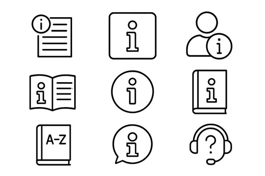 Info line icon set for help and support. Vector outline icons for instruction manual, guide, reference book, dictionary, user profile, FAQ, and customer service center.
