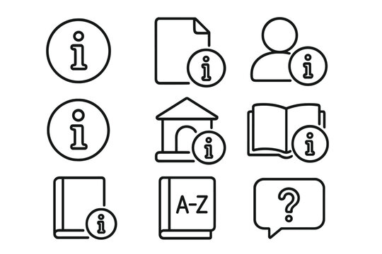 Information and help line icon set. For instruction, user guide, manual, reference book, and dictionary. Vector icons for support, FAQ, and info center in a linear style.