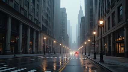 A foggy city street at night, lined with tall buildings, lit by street lamps, reflecting on wet pavement, with a red car in the distance.