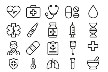 Medicine and healthcare line icon set. Medical health symbols for web and app design. Outline vector icons like doctor, hospital, first aid, pharmacy, clinic, and emergency.