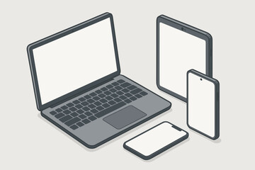 Isometric mockup of digital devices: laptop, tablet and two smartphones with blank screens, vector illustration for web design, app UI showcase, tech gadgets concept