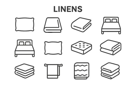 Bedding and linens outline icon set. Vector symbols of pillow, duvet, sheet, bed, mattress, blanket, towel. Home textile, bedroom and hotel comfort concept icons.