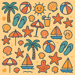 Palm trees, shells, and summer beach items. Suitable for travel brochures, vacation websites, and tropical themed designs. Perfect for beach loving audiences.
