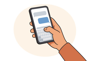 Hand holding smartphone sending text messages with blank chat bubbles, cartoon vector illustration of mobile phone screen, communication concept, isolated on light background