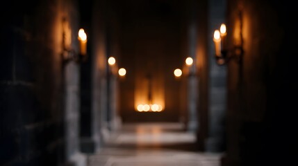 blurred image of a narrow hallway lit by flickering candles, old castle vibe, spooky interior