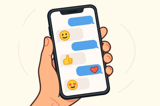 Hand holding smartphone with instant messaging interface, blue chat bubbles and emoji reactions, concept of mobile texting conversation, communication, flat cartoon vector illustration