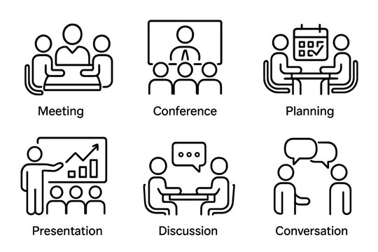 Business meeting and conference line icon set with pictograms for planning, presentation, teamwork, discussion, and conversation. Outline vector icons for office collaboration.