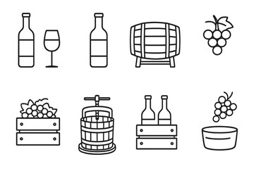 Wine and winemaking outline icon set. Grapes, bottle, glass, barrel and press. Process of making wine from harvest to bottling. Vector linear pictogram collection.