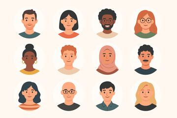 Multicultural male and female avatar bundle — diverse cartoon profile pictures of men and women in various ethnicities, hairstyles, clothes and accessories, flat vector user icons collection