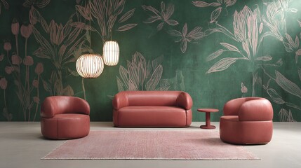 Elegant living space with botanical wall and geometric furniture, highlighting modern home aesthetics and texture.