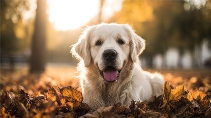 Golden retriever playing amidst autumn leaves, bathed in warm sunlight with a joyful demeanor.