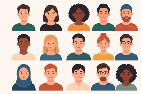 Colorful diverse people avatars set. Vector portrait collection of multicultural men and women, different ethnicities, hairstyles, clothing, teen adult characters, profile icons