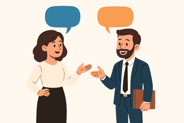 Business conversation between female employee and male colleague in office, teamwork communication discussion, speech bubbles, vector cartoon illustration on light background
