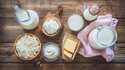 Fresh dairy products neatly arranged on a rustic wooden table in natural light.