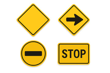 Realistic yellow road signs vector set. Collection of traffic regulation and warning symbols. Includes stop, right arrow, and blank signs for custom text. 3D street icons.