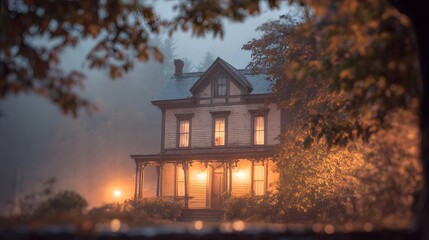 blurred image of an old Victorian house with flickering porch lights and eerie atmosphere
