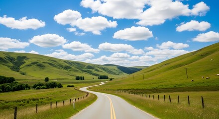 Winding Country Road Through Green Hills on a Clear Sunny Day