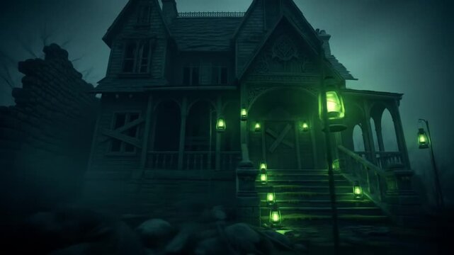 Eerie glowing lanterns illuminate a dilapidated haunted mansion in a chilling scene