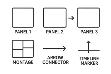 Sequential art icon set for comic and storyboard creation. Vector outline elements including panel, montage, arrow connector, and timeline marker for storytelling or process.