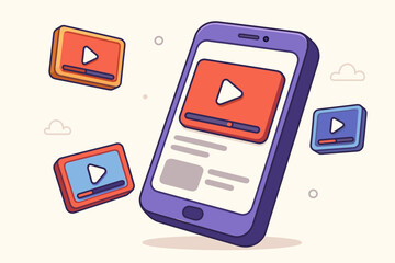 Online video streaming concept with smartphone. Mobile entertainment application for watching movies, series, and vlogs. Digital media content and social media.