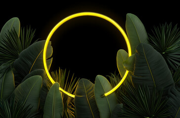 3D render, a neon yellow circular frame with tropical leaves on a dark background, illustration, vector, design.