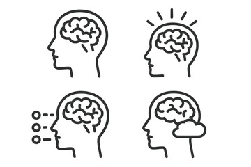 Brain Mind Silhouette Icon Set. Human Head Linear Outline Collection with Brainstorming, Cognitive Thought, Mental Health, Intelligence, Idea, Decision Making, Psychological Concepts. Editable Stroke.