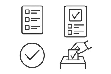 Survey and voting linear icon set. Poll and questionnaire symbols. Election ballot box, checklist, and checkmark. User feedback and opinion vector pictogram collection.