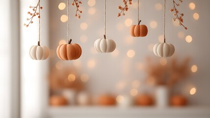 blurred image of indoor decorations with hanging pumpkins and string lights, festive party mood