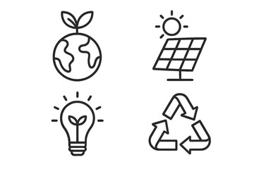 Ecology and environment icon set. Collection of 4 outline vector symbols. Green renewable energy, recycling, solar power panel, eco friendly planet earth with sprout.