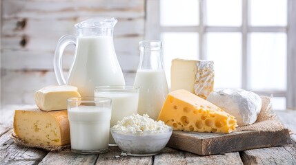 Fresh dairy products displayed on a rustic wooden table, highlighting natural and wholesome ingredients.