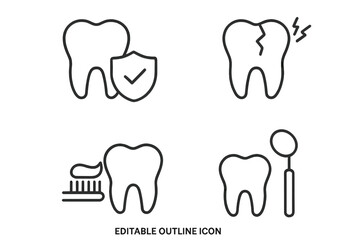 Dental care line icon set. Dentistry, oral hygiene, tooth protection, toothache, brushing, check-up concepts. Vector editable outline icons for web and apps.
