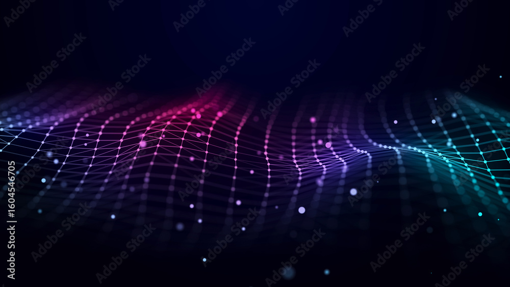 Poster futuristic wave of musical particles. stream of running data. 3d rendering