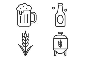 Craft beer brewing process outline icons. Set of 4 linear style vector graphics. Includes beer mug, bottle, wheat grain, and brewery fermentation tank symbols.