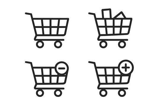 Shopping cart icon set. E-commerce outline icons. Add to cart button. Remove item symbol. Empty and full basket pictogram. Online store UI/UX vector graphic element.
