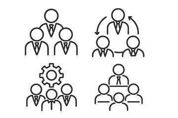 Teamwork and business group line icon set. People collaboration, corporate organization, and management symbols. Leadership, workflow, and meeting pictograms.