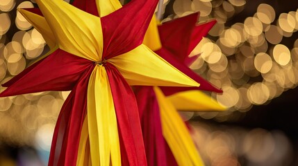 Glowing red and yellow star lanterns against a golden background, delicate silk ribbons flowing gently, festive and elegant.