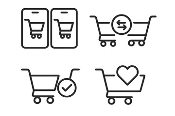 E-commerce shopping cart outline icon set. Vector icons for online store UI, mobile app. Compare products, wishlist, add to cart, checkout, and favorites symbols.