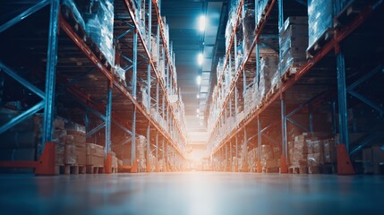 Industrial warehouse interior with metal shelving and atmospheric lighting, evoking logistics and storage.