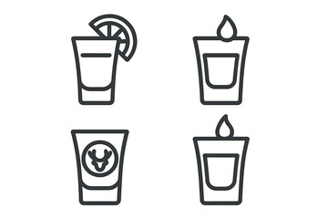 Shot glass icon set. Vector outline graphic of alcohol shooters. Tequila, vodka, Jägermeister, and flaming sambuca shots for bar menu or party design concepts.