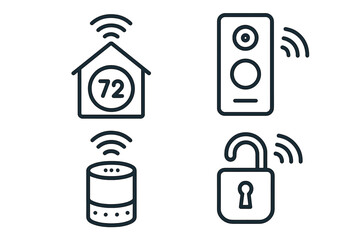 Smart home icon set. Vector outline icons of smart home gadgets. Thermostat, doorbell, speaker, lock. Home automation technology, internet of things concept.