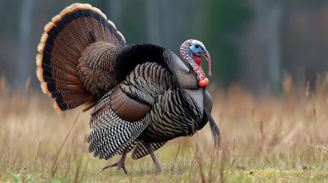 Wild turkey strutting through a field of tall, dry grasses against a blurry background