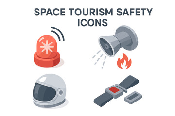 Space tourism safety icons set. Isometric vector illustration of emergency measures for spaceships. Includes alarm beacon, fire suppression, astronaut helmet, and seatbelt.