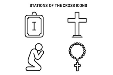Stations of the Cross vector outline icon set. Christian religious symbols for Lent, Easter, and Good Friday. Via Dolorosa concepts with cross, rosary, prayer, and plaque icons.