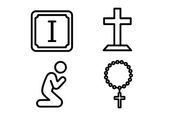 Obraz premium Stations of the Cross outline icon set. Via Crucis Christian Catholic devotion concept. Symbols for Lent, Easter pilgrimage, faith, prayer, worship. Plaque, cross, pilgrim, rosary.