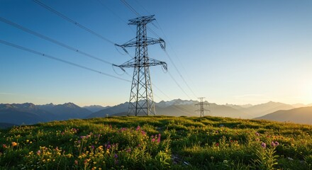 Obraz premium Mountain Meadow with Power Lines and Sunrise