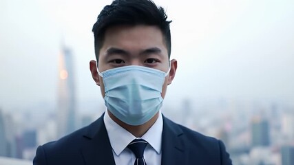 Young Asian Man Wearing a Protective Face Mask and Dark Business Suit With Urban Cityscape Background - Powered by Adobe