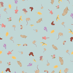 Whimsical Forest Seamless Vector Pattern with Mushrooms, Leaves and Woodland Animals