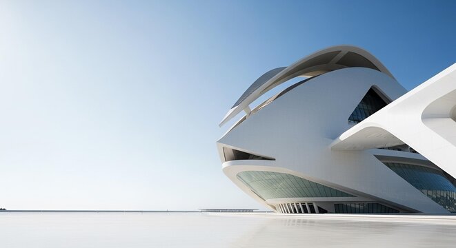 Futuristic white building with curved architecture against a clear blue sky