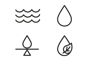 Water line icon set with wave, drop, and balance symbols. Concepts for eco-friendly, natural, clean, pure water. Outline pictograms for web and mobile. Vector graphic.